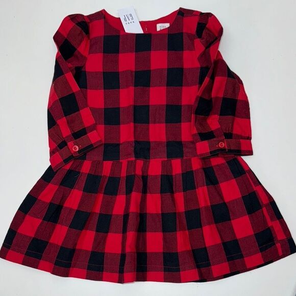 🔥GAP Red and Black Fit and Flare Puff Sleeve Dress Sz 2 years new - Picture 2 of 4